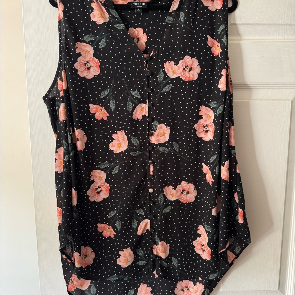 Torrid Black Blouse with Pink Floral Pattern